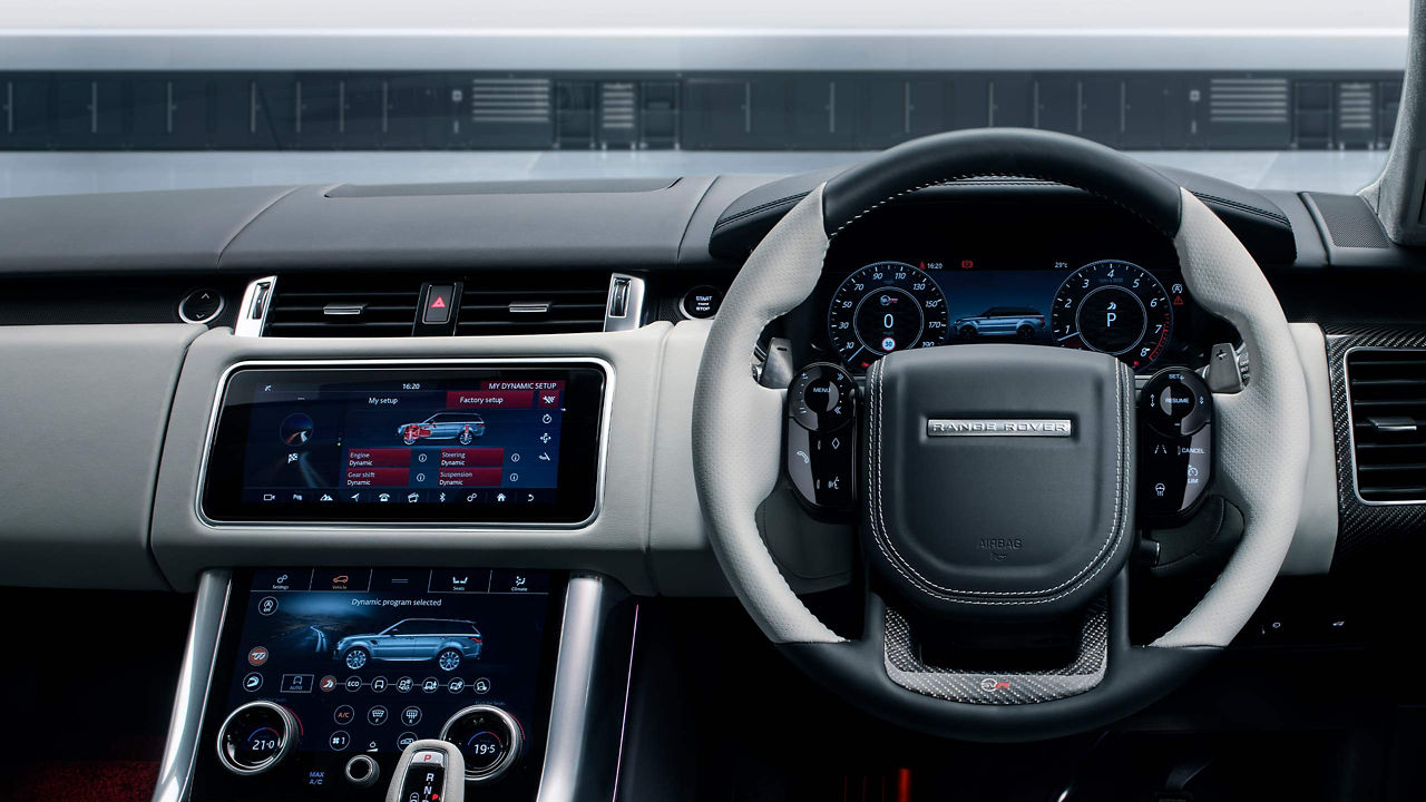 View of steering wheel and infotainment system