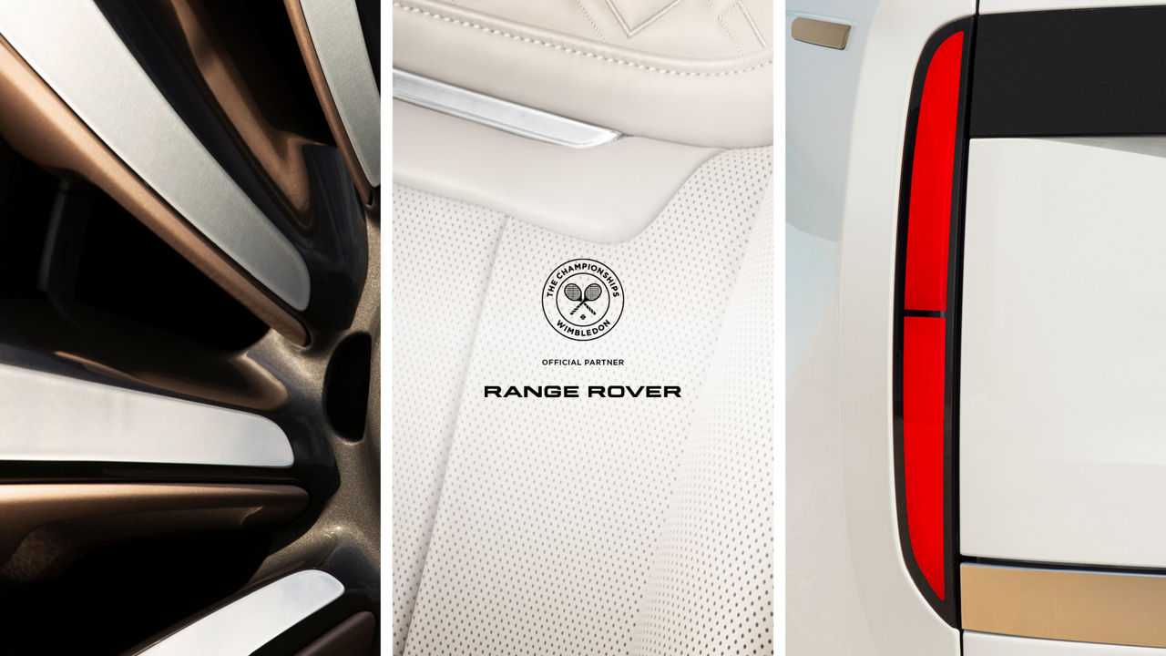 Range Rover Wimbeldon PR image including close up of wheel, fabric of seats and ariel view of the right side of car