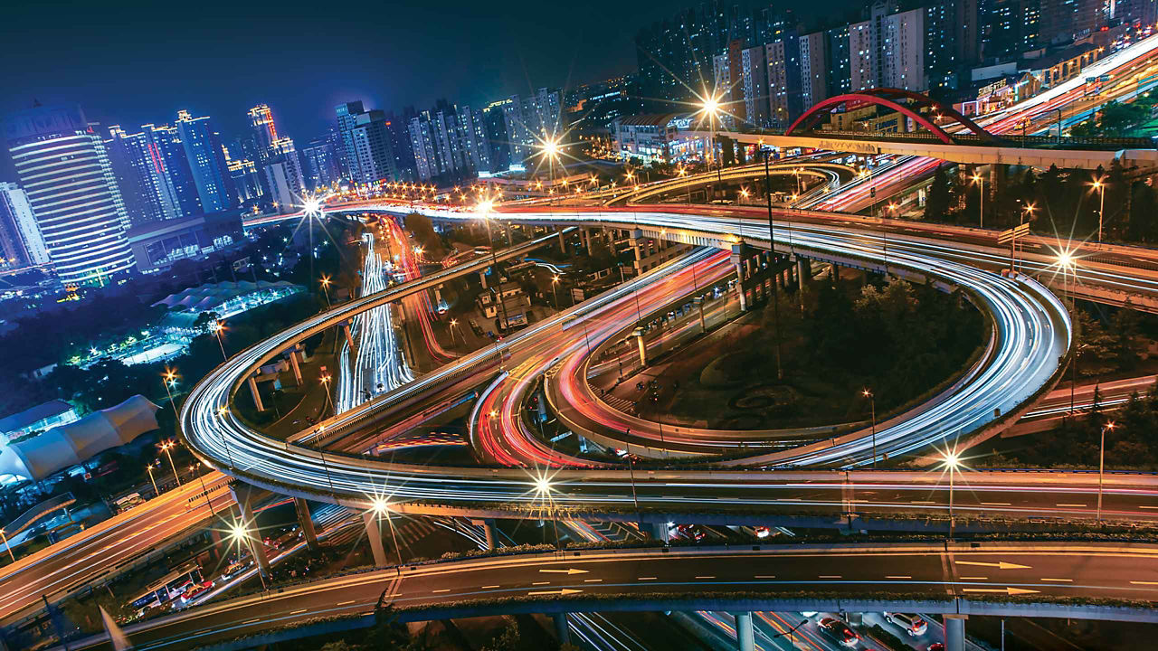 Aerial view Expressway highway circus intersection at Night time Top view