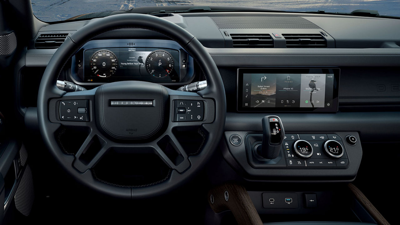 Land Rover Defender black dashboard view 