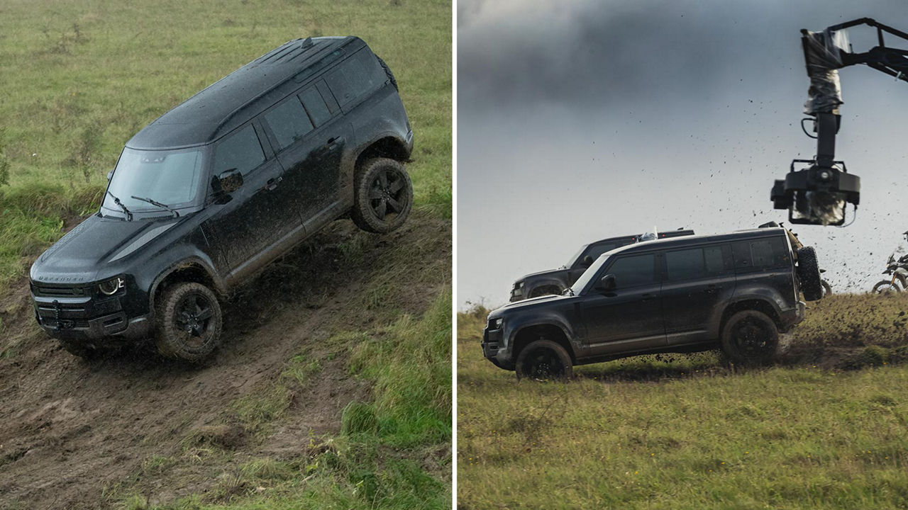 Black Land Rover Defender driving in fields