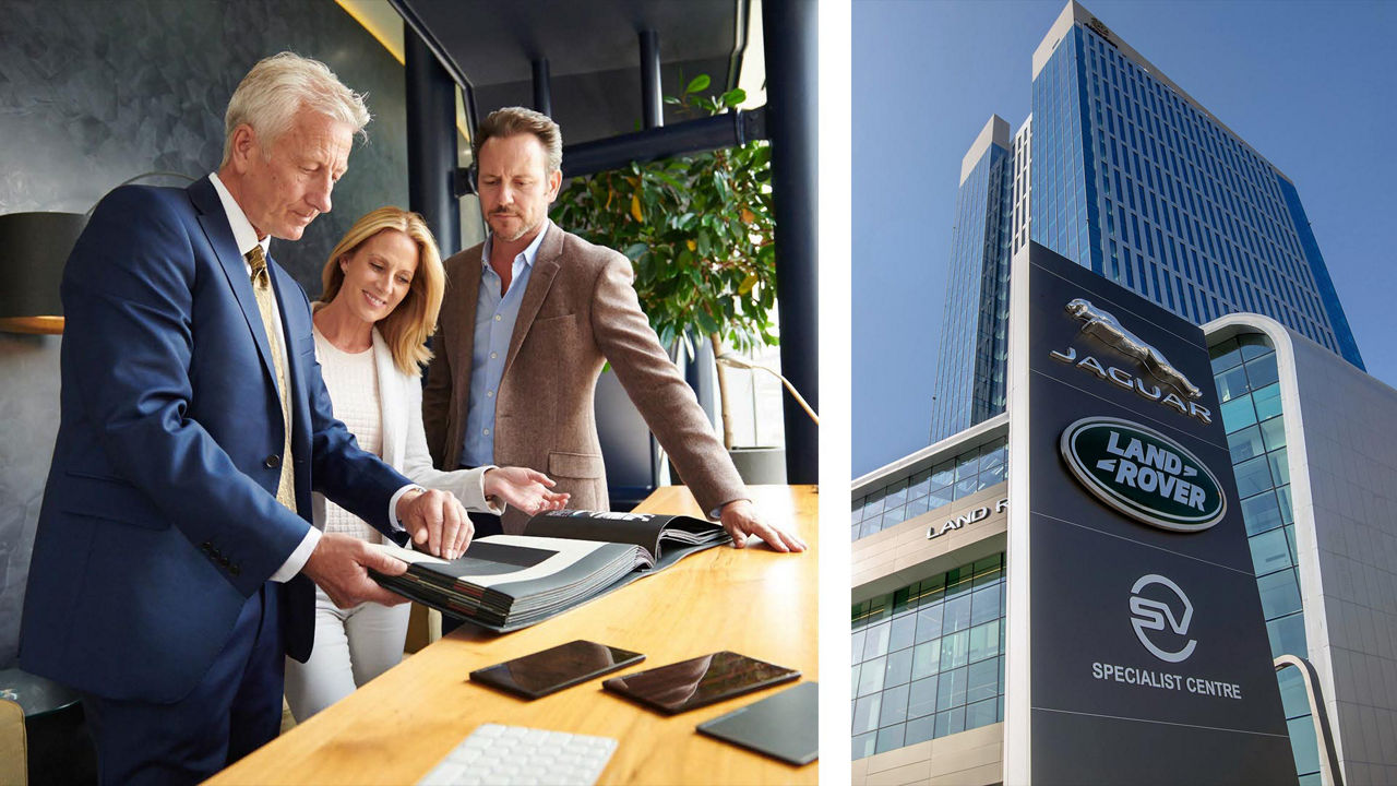 people checking pictures and company's building