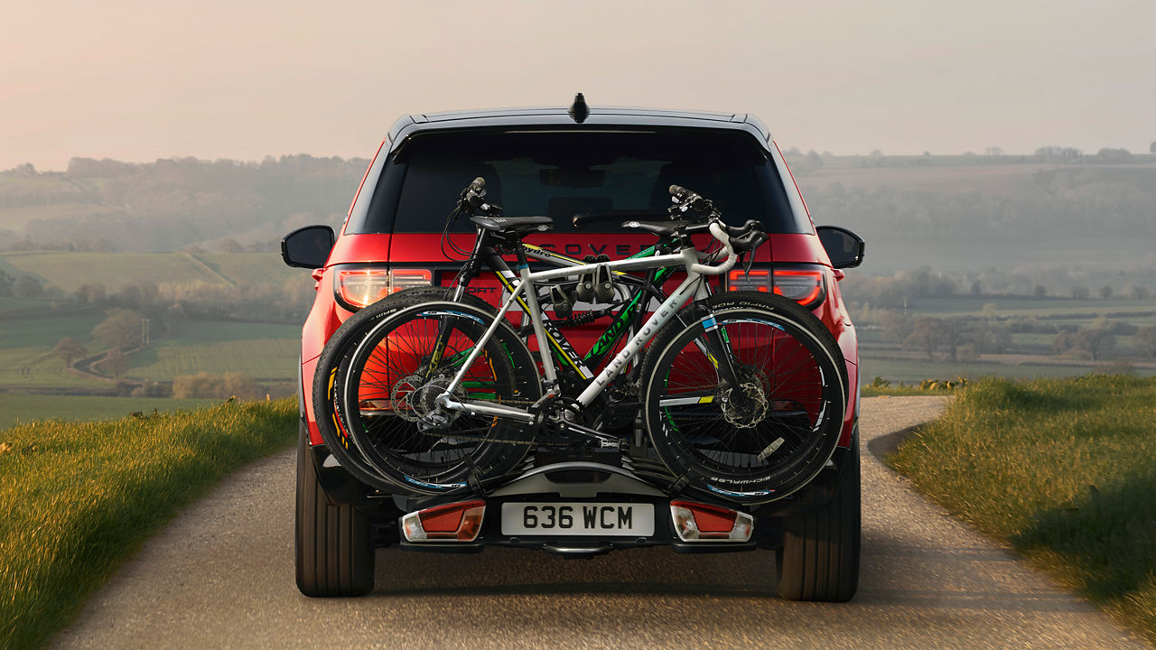 Rear view of Discovery with bike rack.