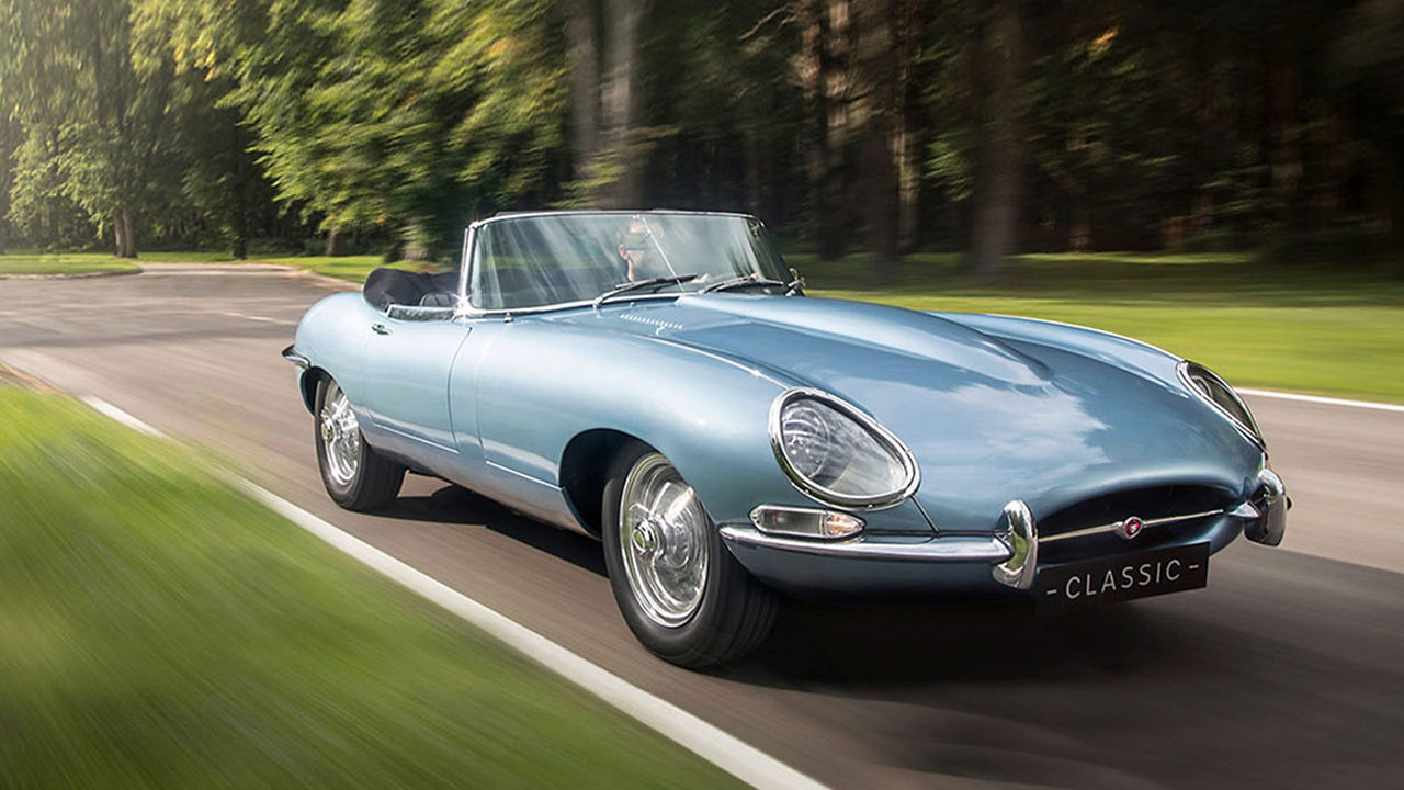 Jaguar Classic E-Type running on a road