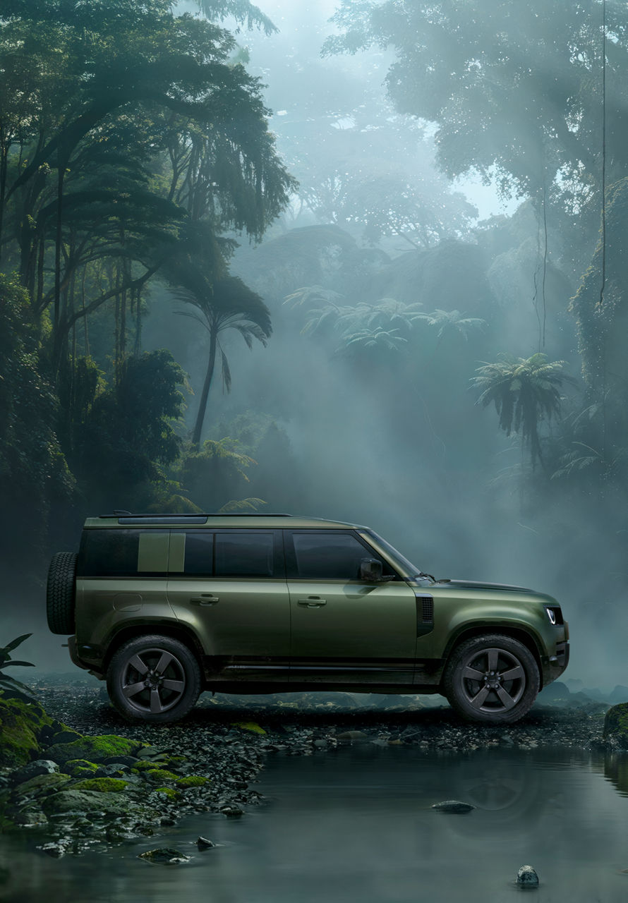 Side view of Defender parked
