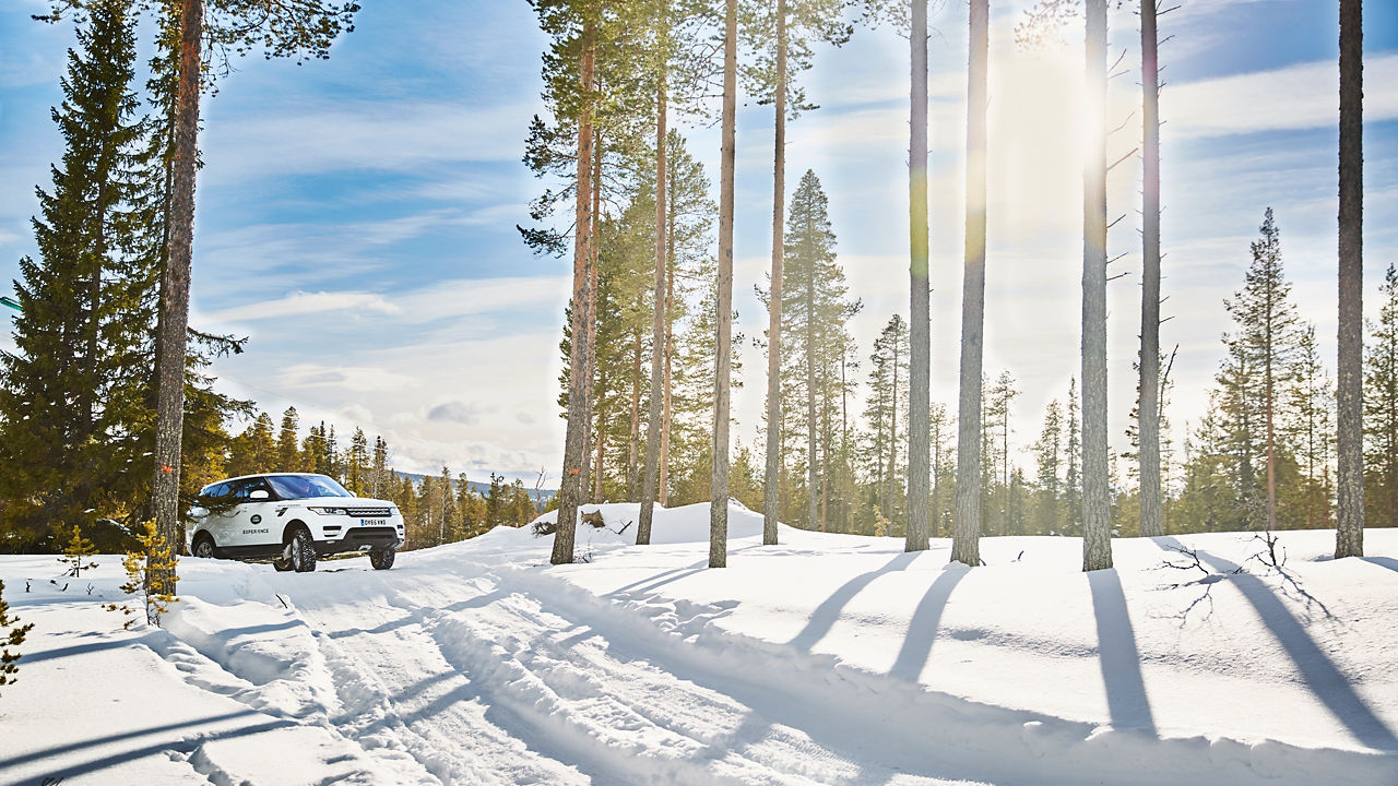 The Range Rover runs through snowdrifts and snowy trees in winter