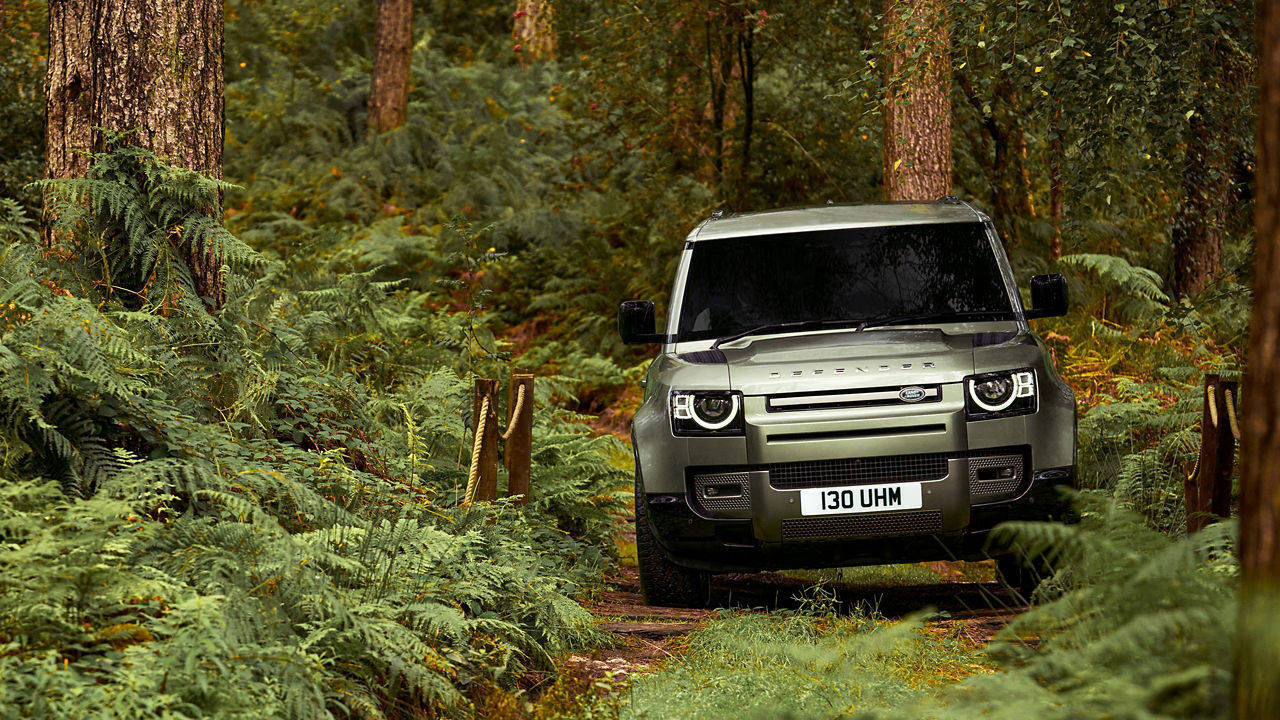Silver Defender parked on grassy field.