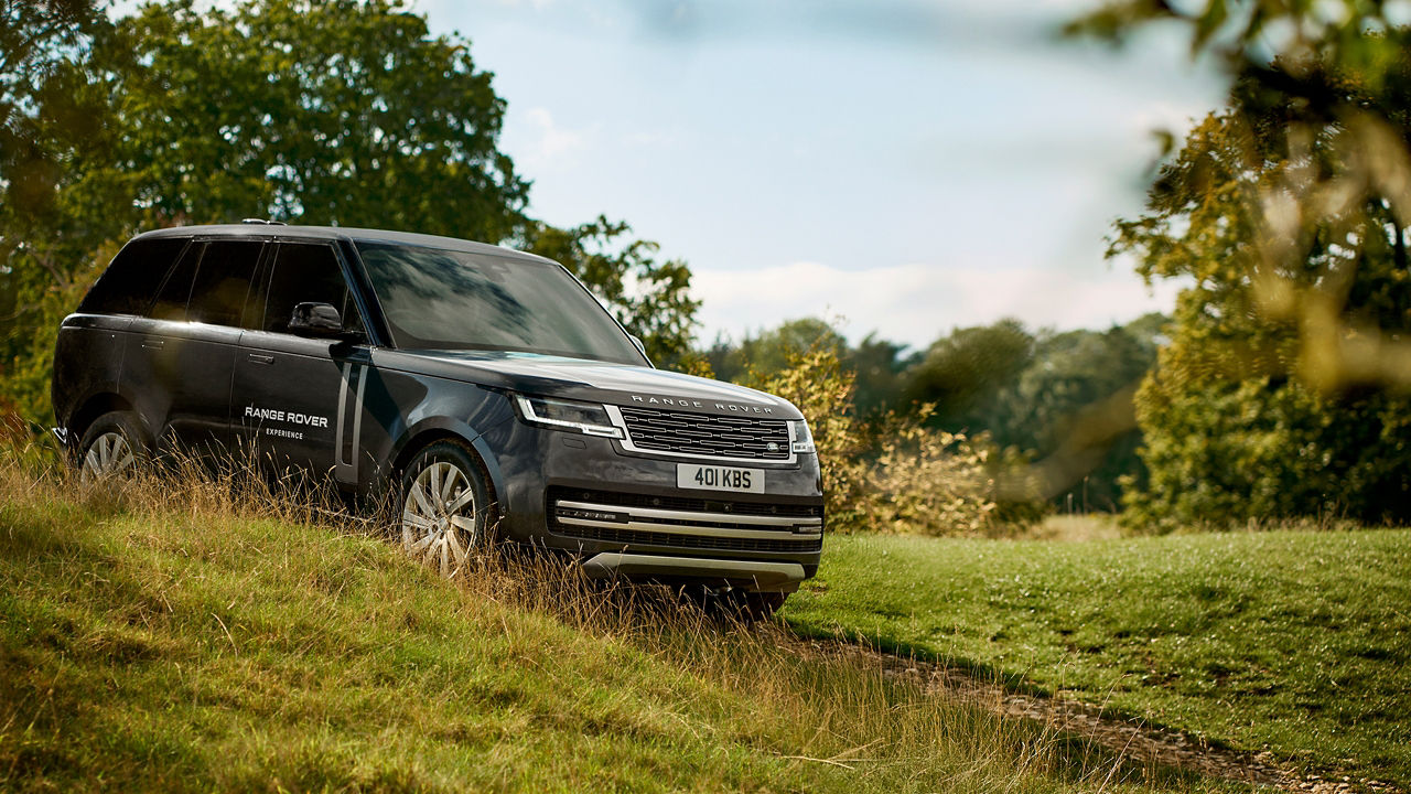 Black Range Rover parked on grassy field near trees.