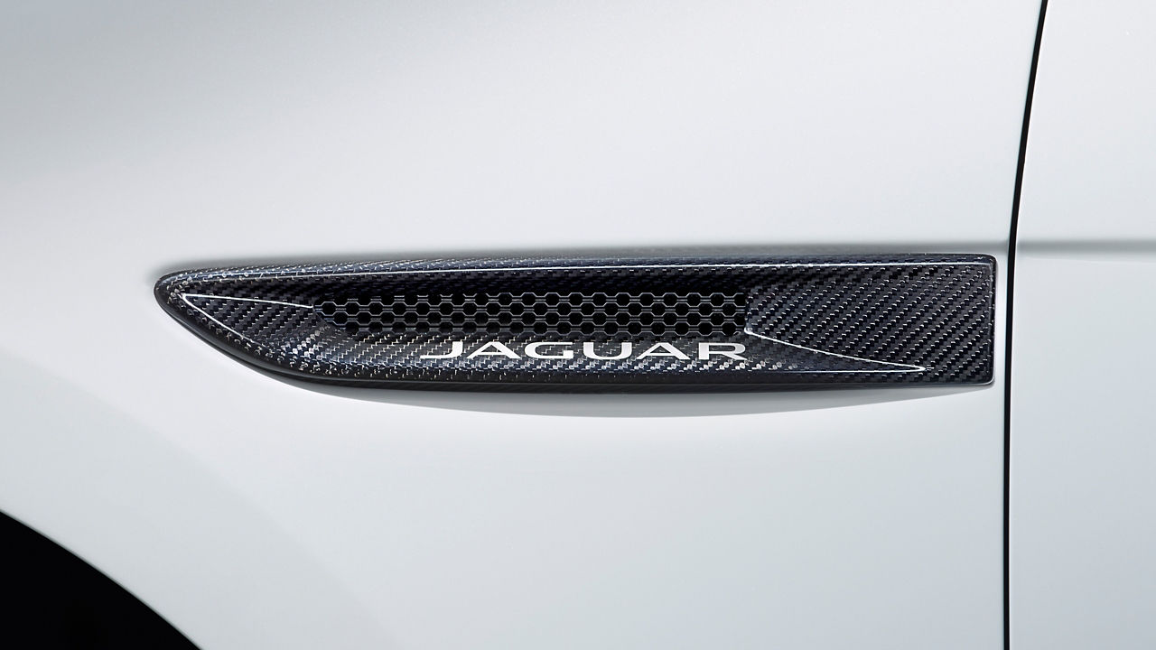 Extreme shot of Jaguar side vent Badge