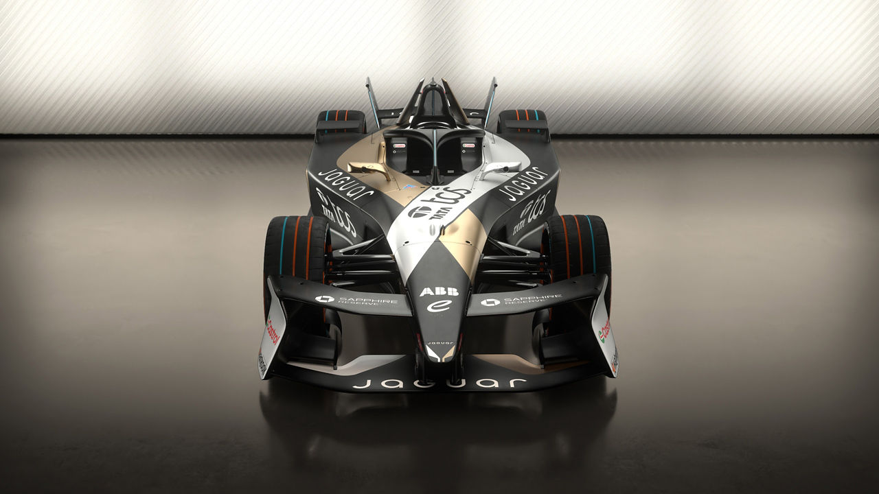Front view of a Jaguar Racing Car showing front wing, and sponsor logos.