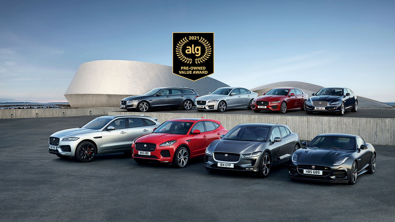 Jaguar Range of 8 car parked ALG award logo on the image