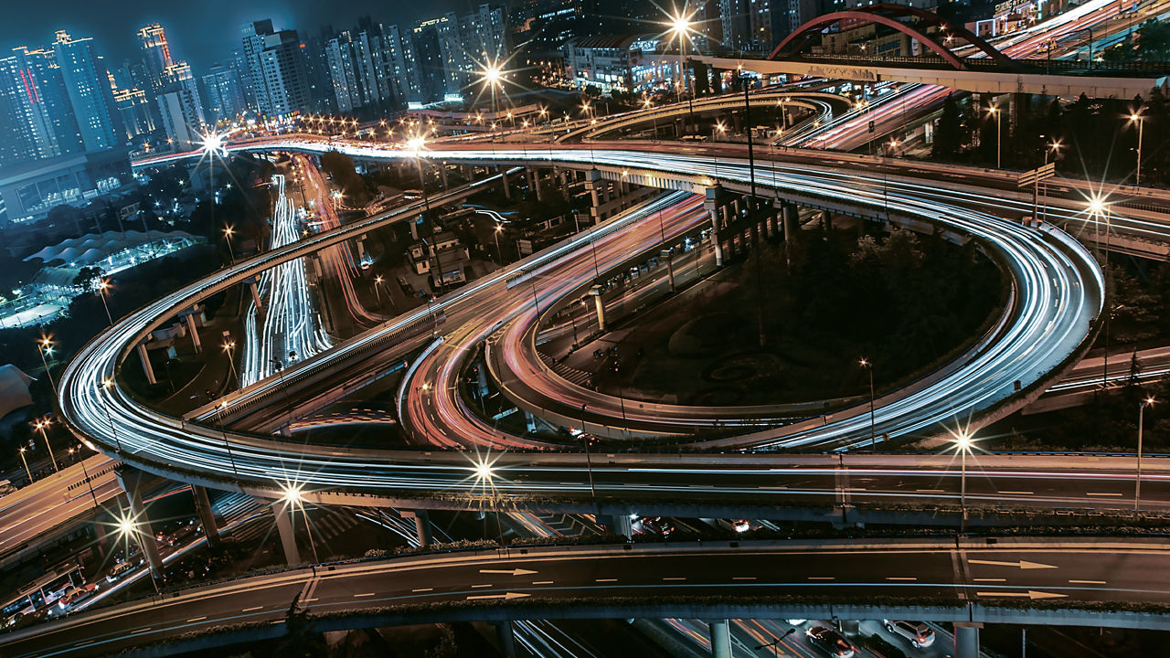 Road beautiful Aerial View of Busy Intersection , top view