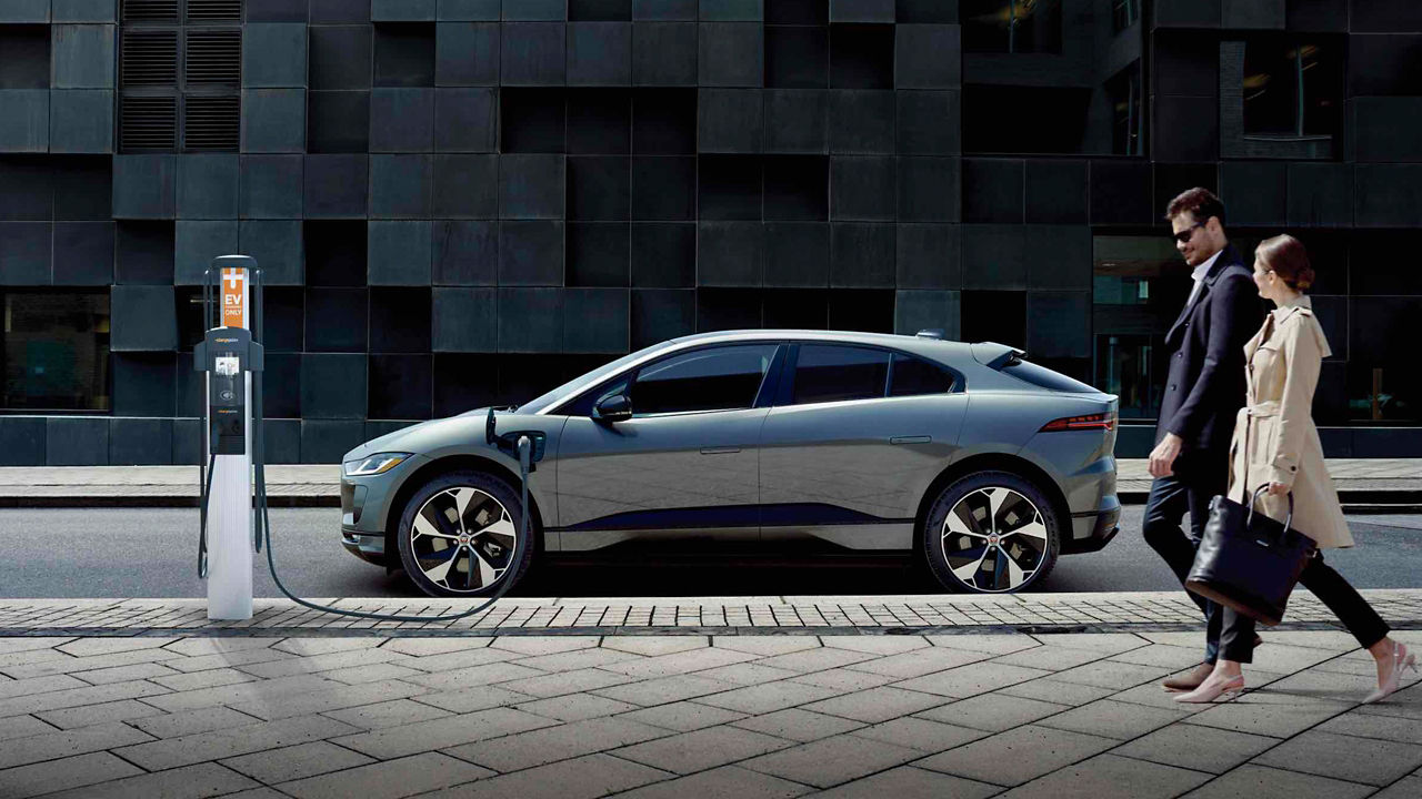 Jaguar I-PACE  at charging station.