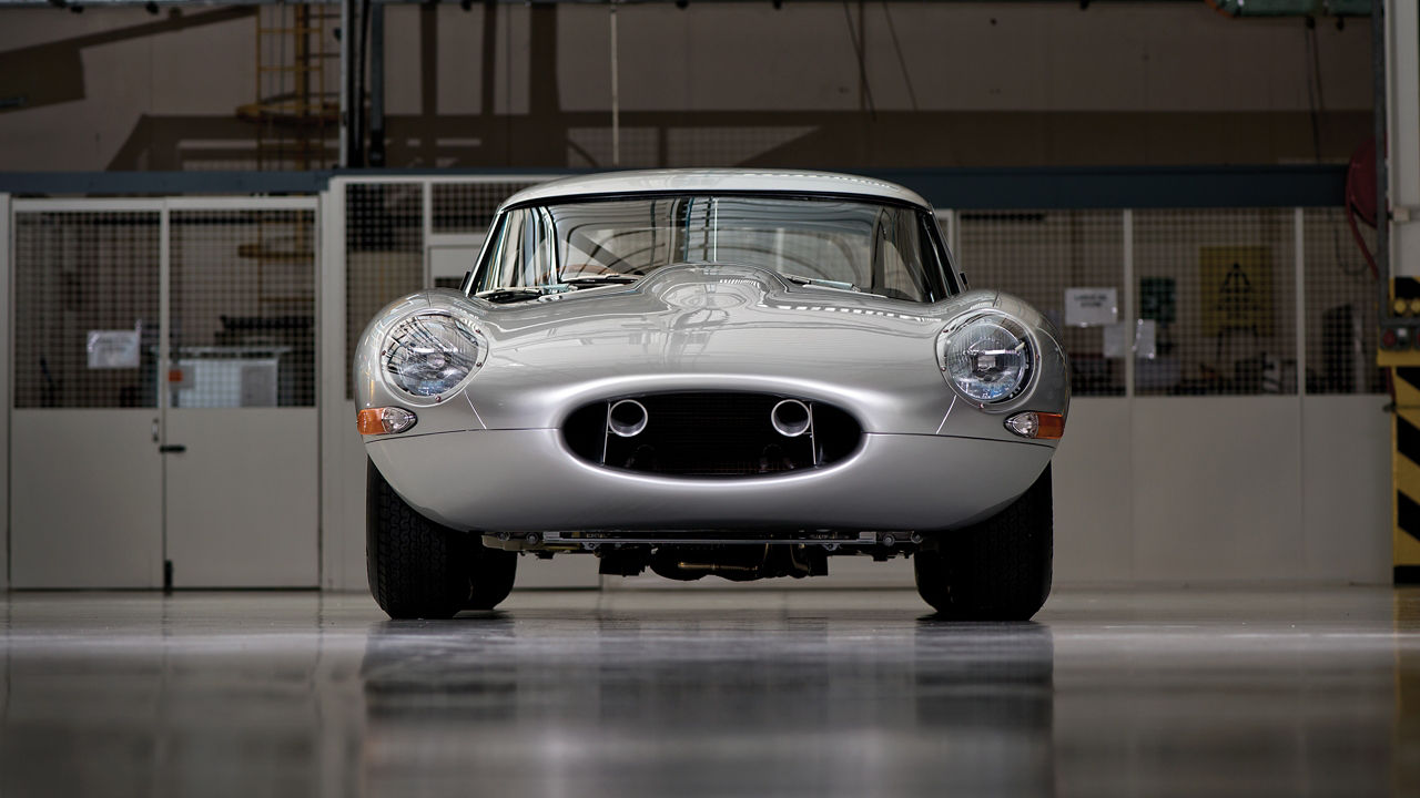 Parked Jaguar Classic E-Type, front view