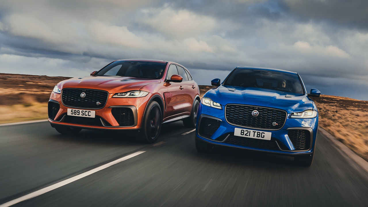 Jaguar F-Pace SVR Orange and Velocity blue cars