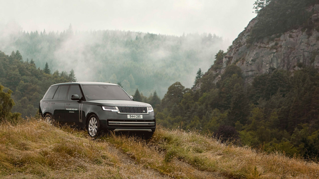 Range Rover parked on grass hill