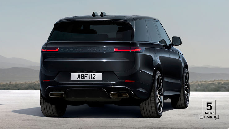 Rear view of Range Rover Sport in Santorini Black parked outside with 5 years warranty watermark.