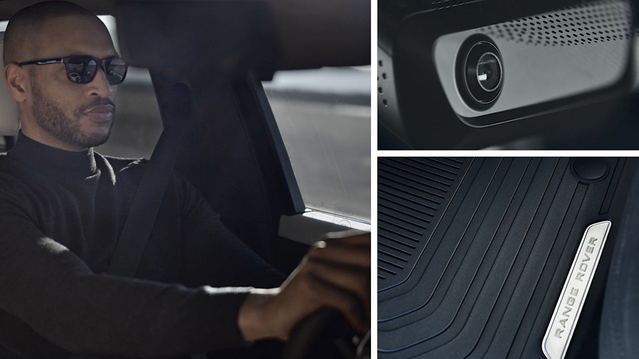 Man driving Range Rover sport including Rubber Mat and 360° Dash Cam.