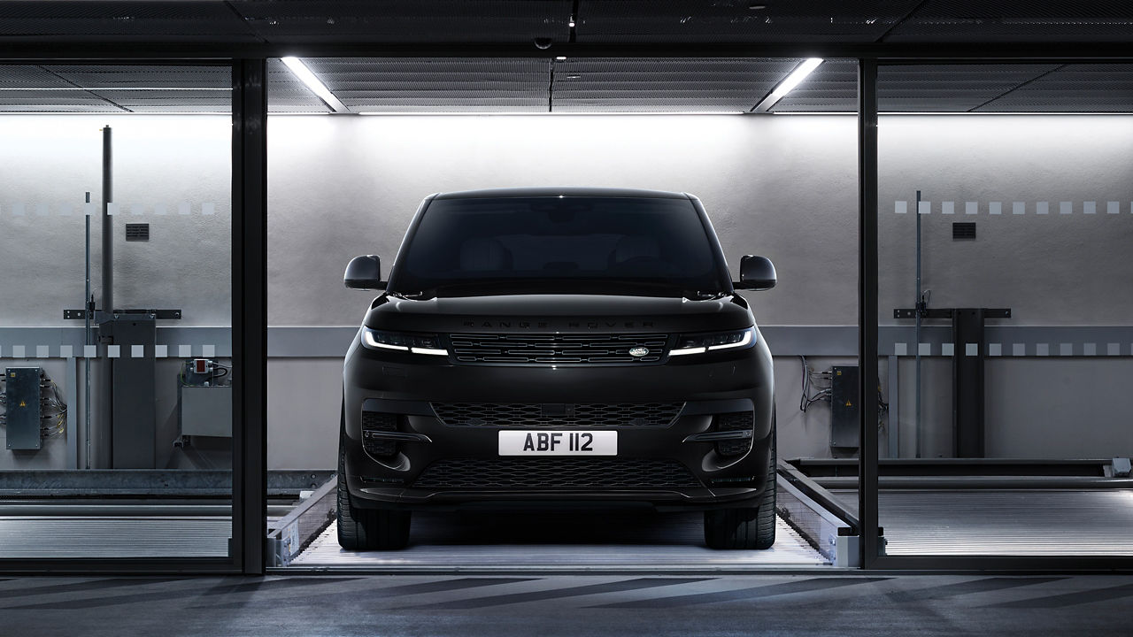front view of 2025 Range Rover Sport parked in garage
