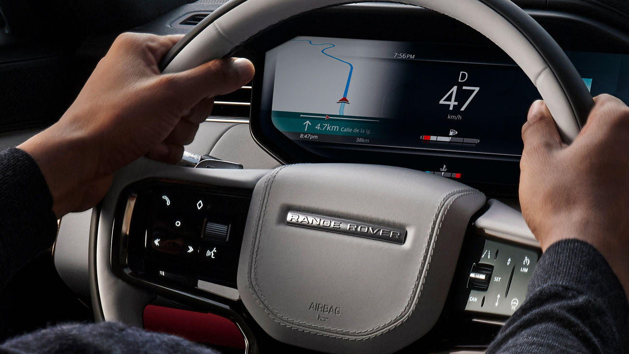 Closeup view of Range Rover's Steering wheel