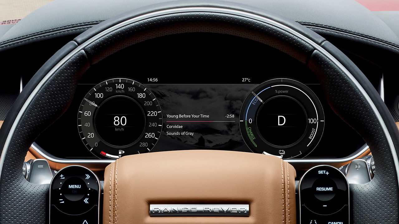 View of steering wheel and infotainment system