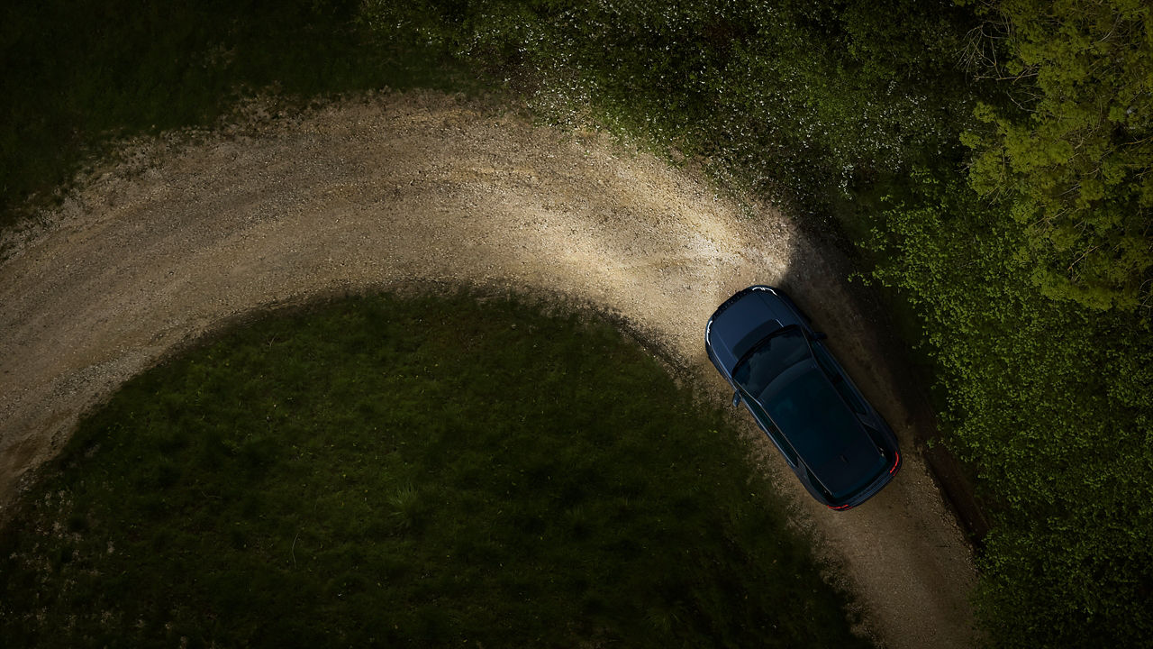 Car driving in forest off road