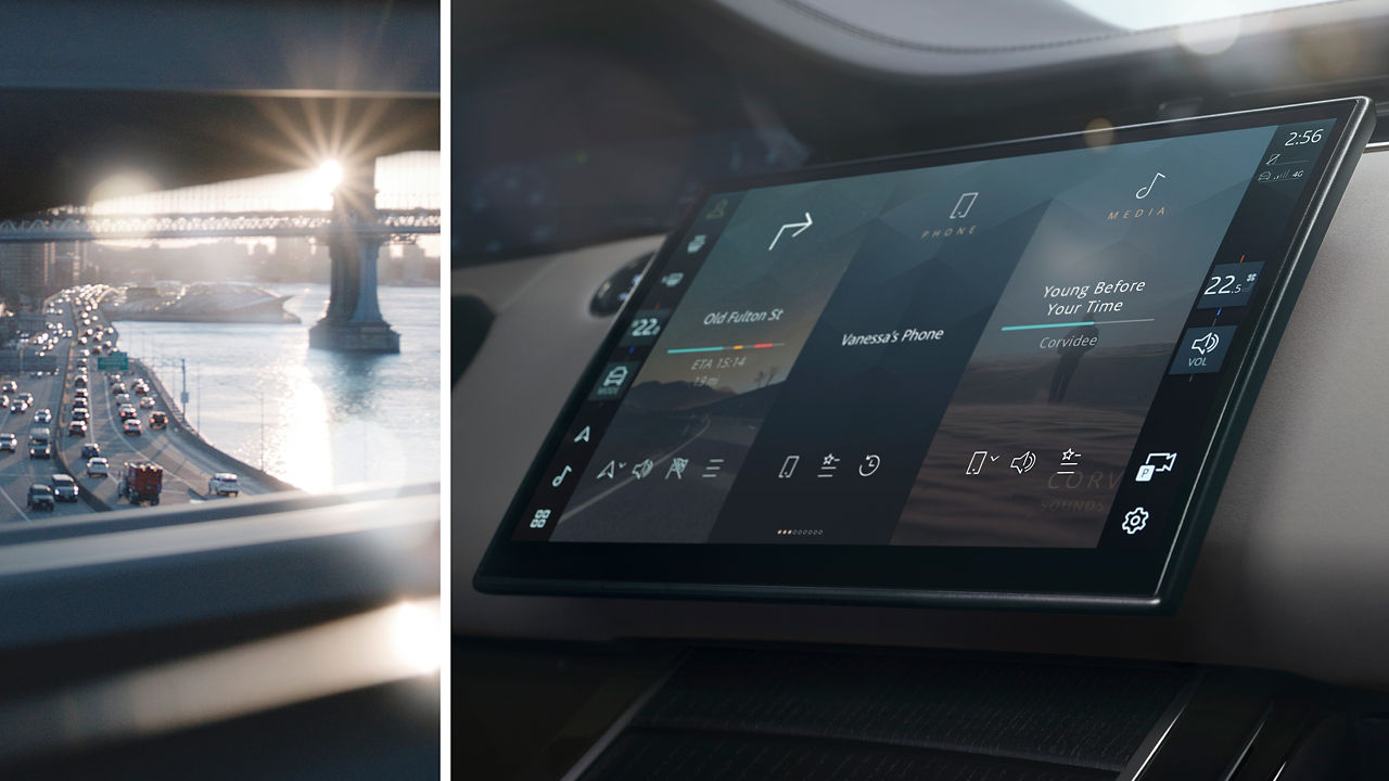 Montage of the Range Rover Evoque infotainment system & city highway