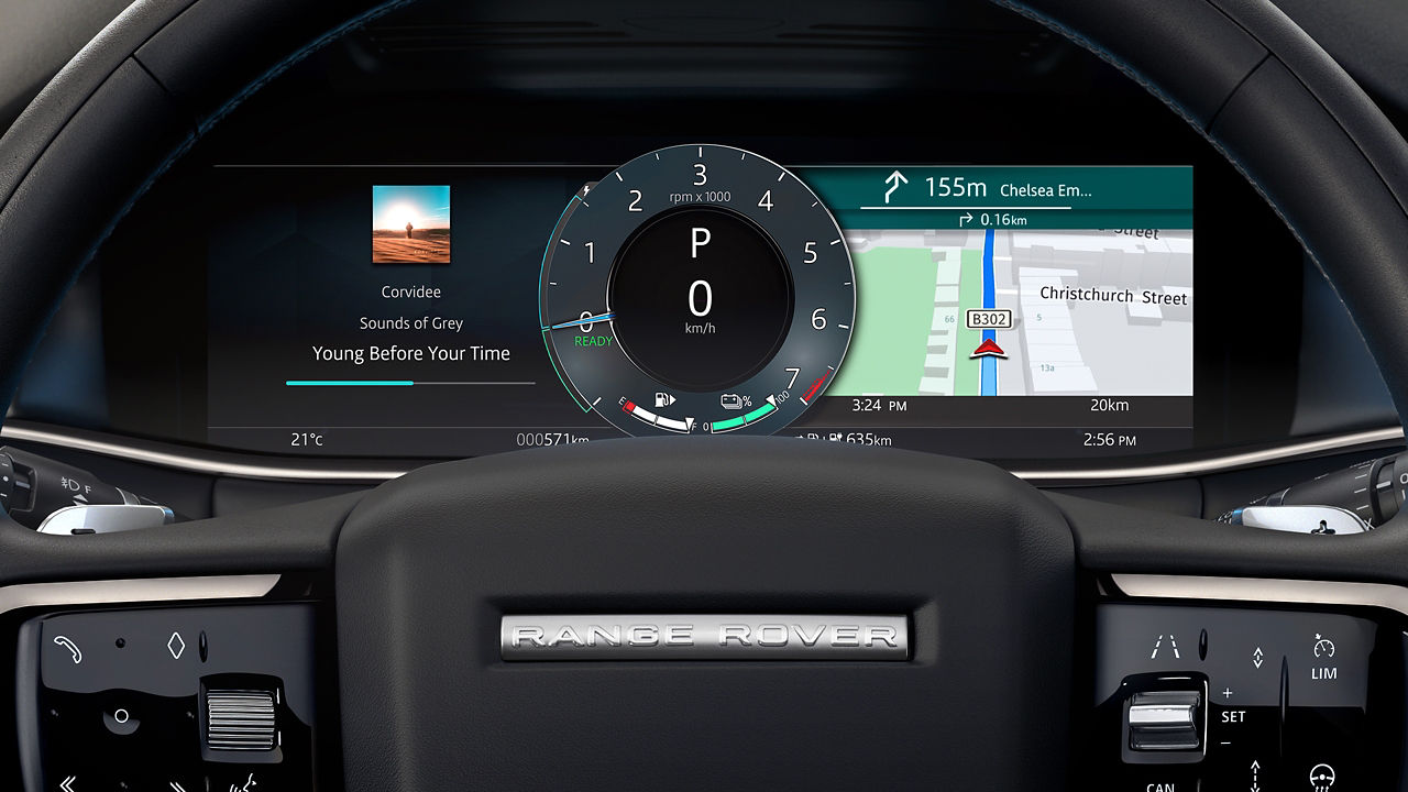 Range Rover Evoque interior dashboard and infotainment system.