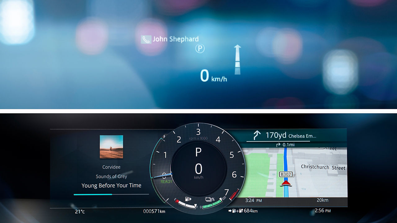  2025 Land Rover Range Rover Velar intuitive head-up display and interactive driver display. 