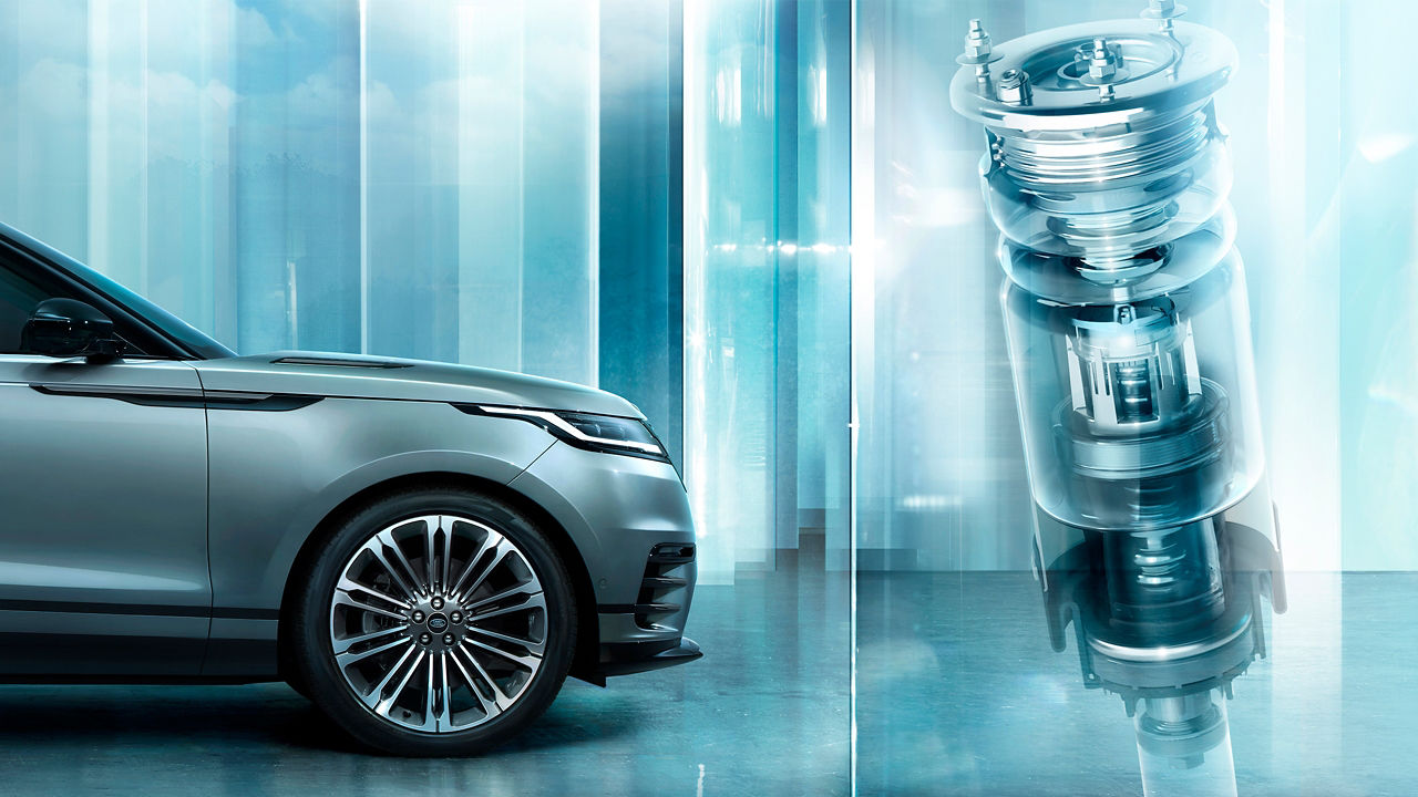 Range rover velar side view with shock absorber