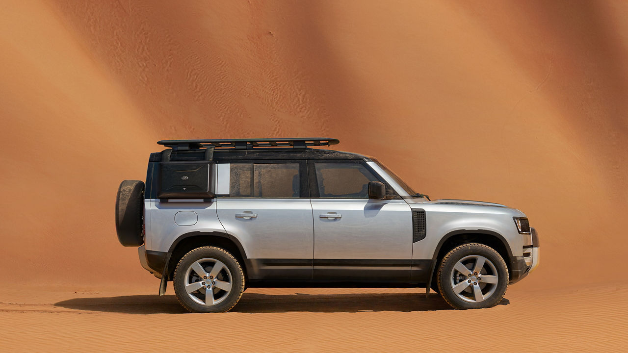 Defender silver parked in desert