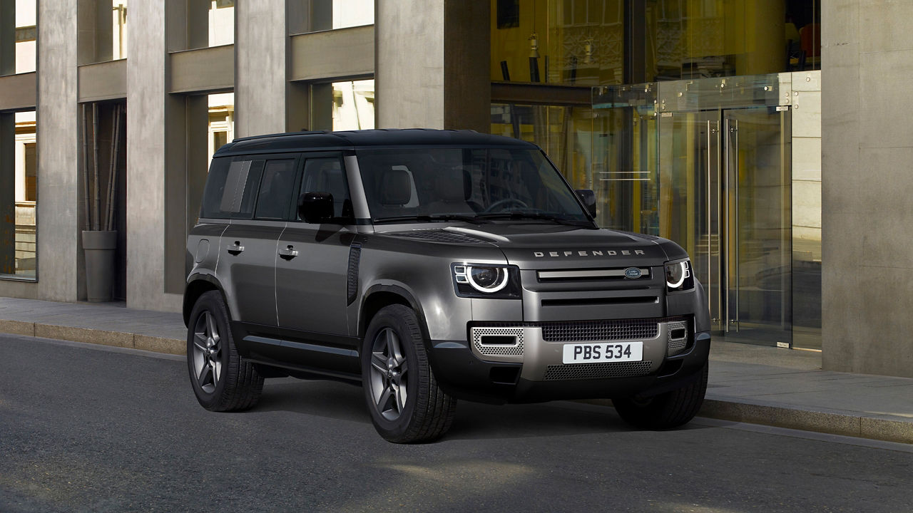 Defender Carprathian Grey parked on city Road