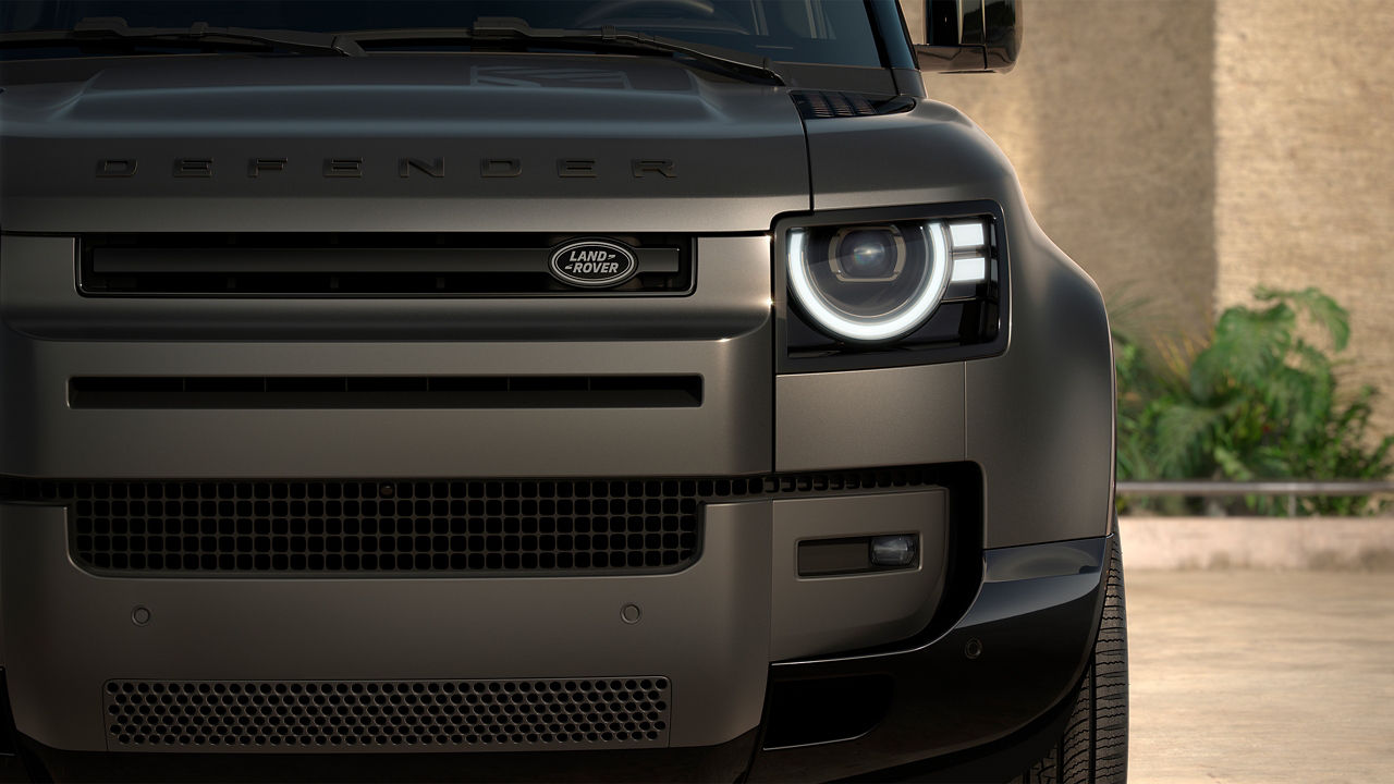 Close-up view of black Defender.