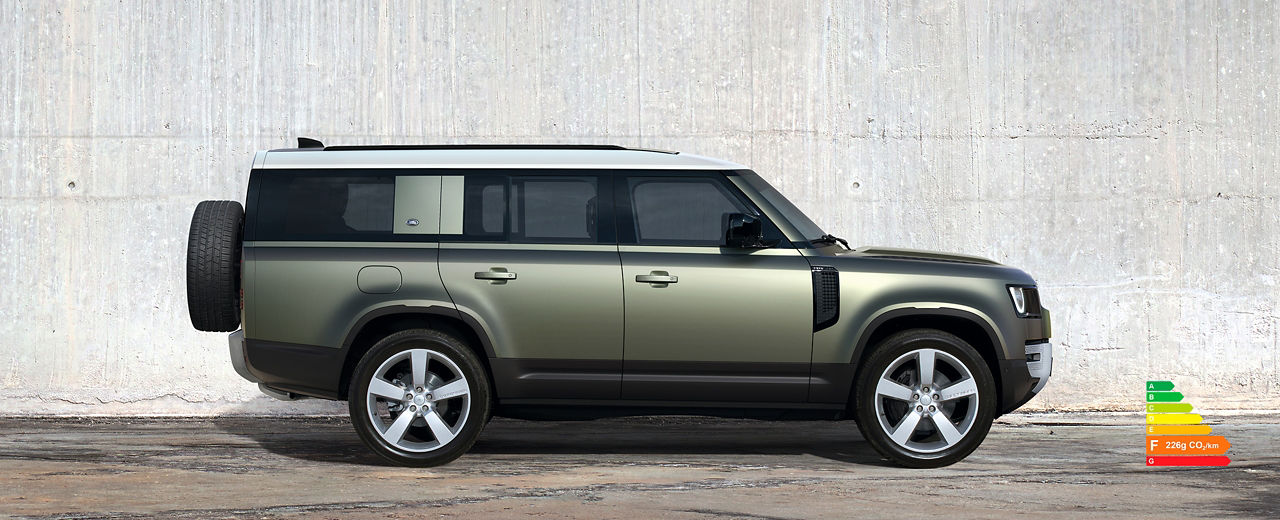 Side view of Defender 130 in Pangea Green with energy efficiency label F (226g CO2/km).