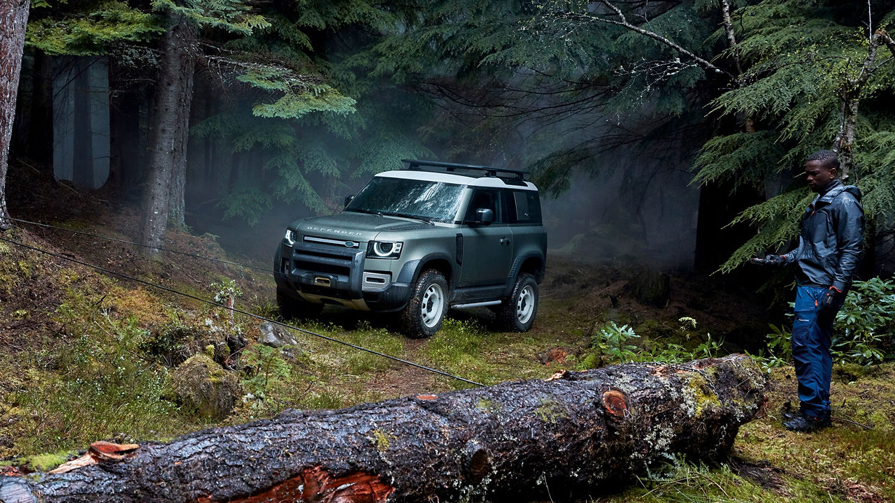 Defender pulling tree in jungle