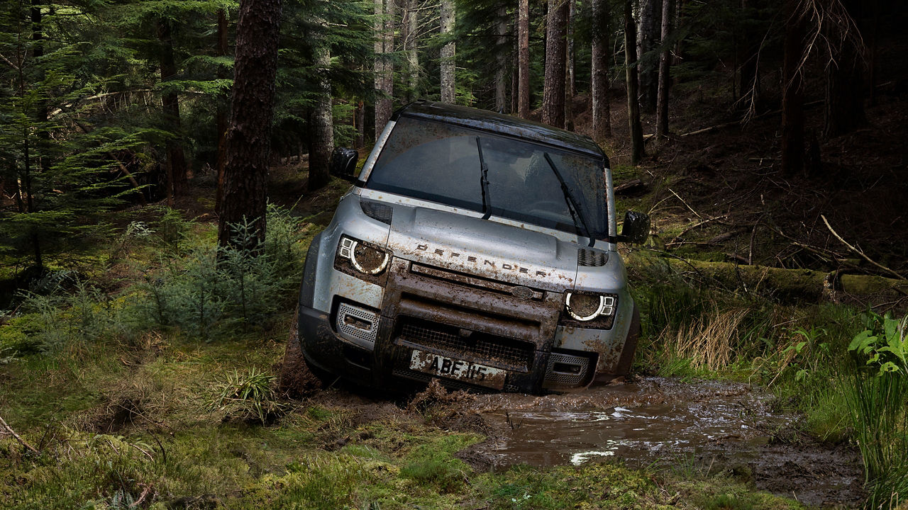 Man Is Driving Defender On Forest Dirt Road