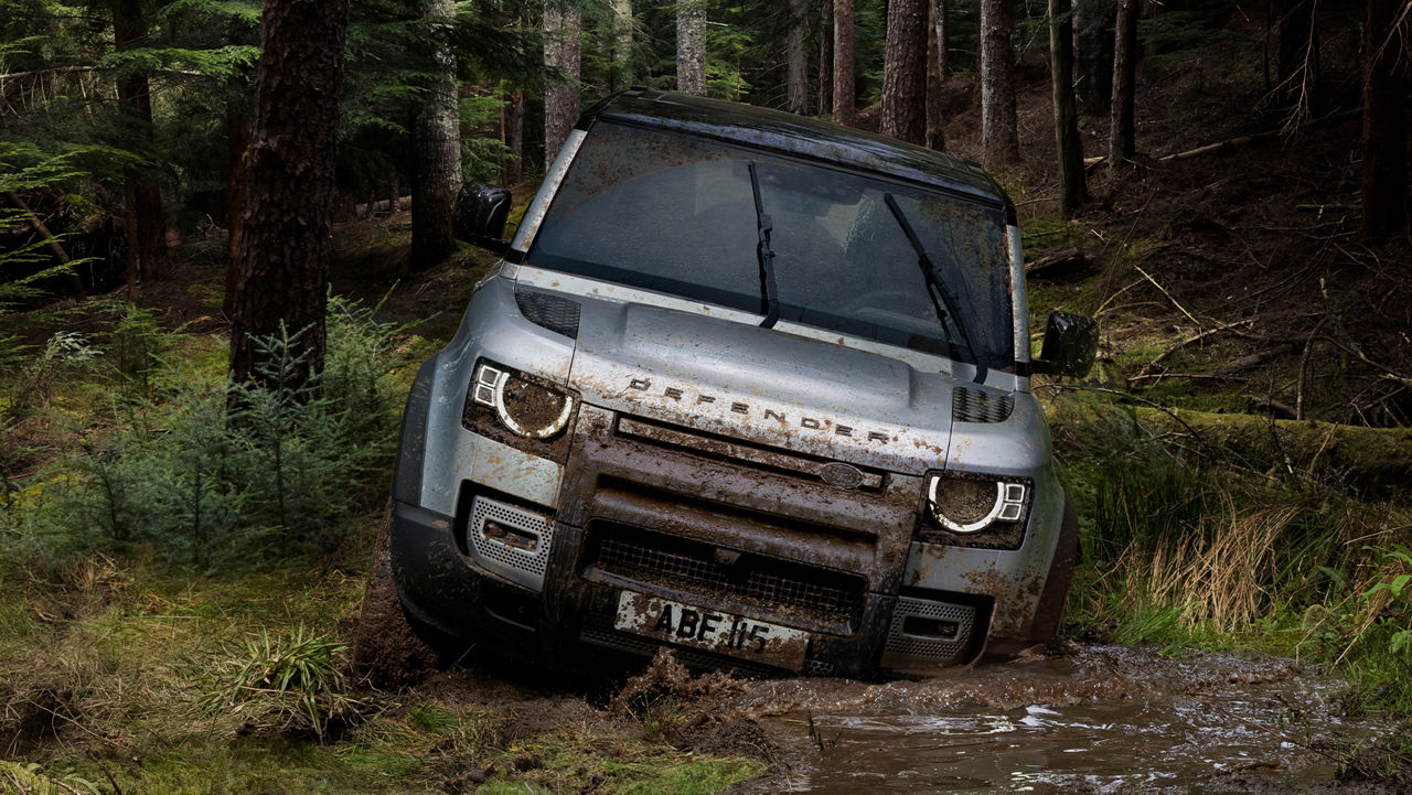 Man Is Driving Defender On Forest Dirt Road