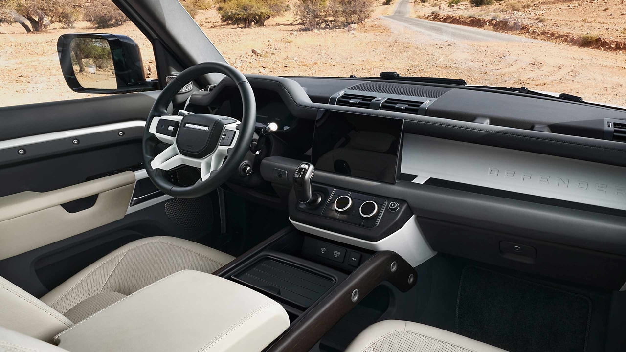 Defender Top View Of Steering Wheel And Infotainment System