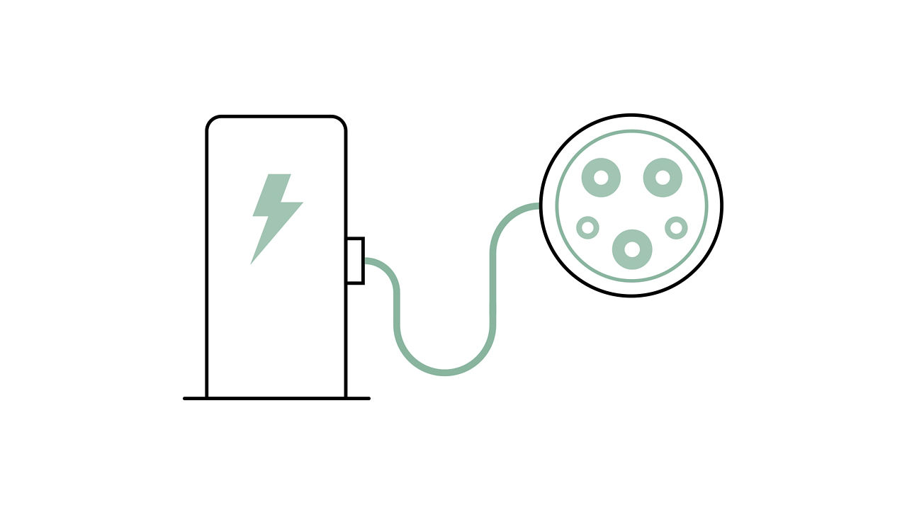 Illustration of tethered and wall box AC charging cable (level 2 AC)