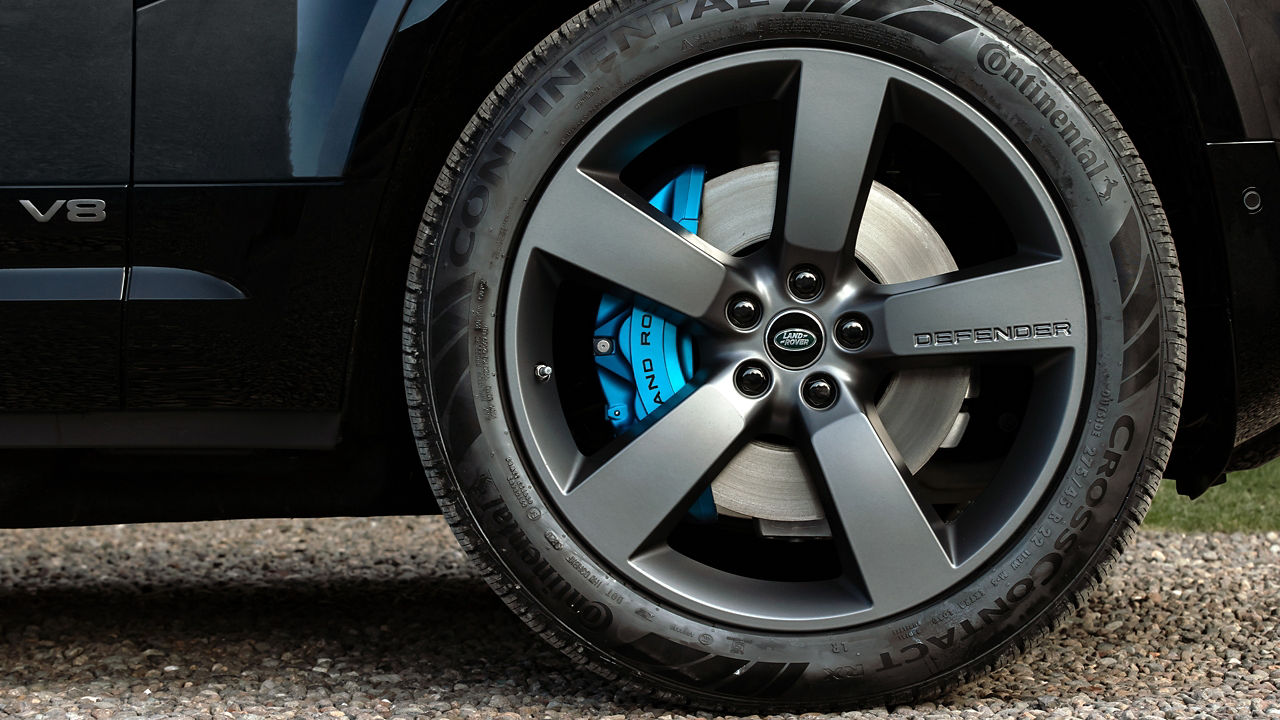 Extreme crop of defender wheel and caliper