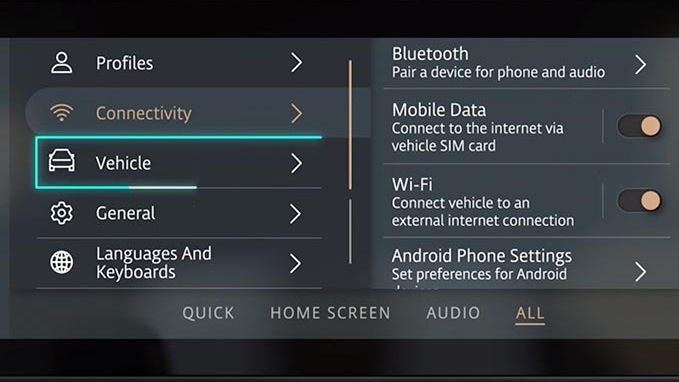 Land Rover Pivi Pro settings menu 