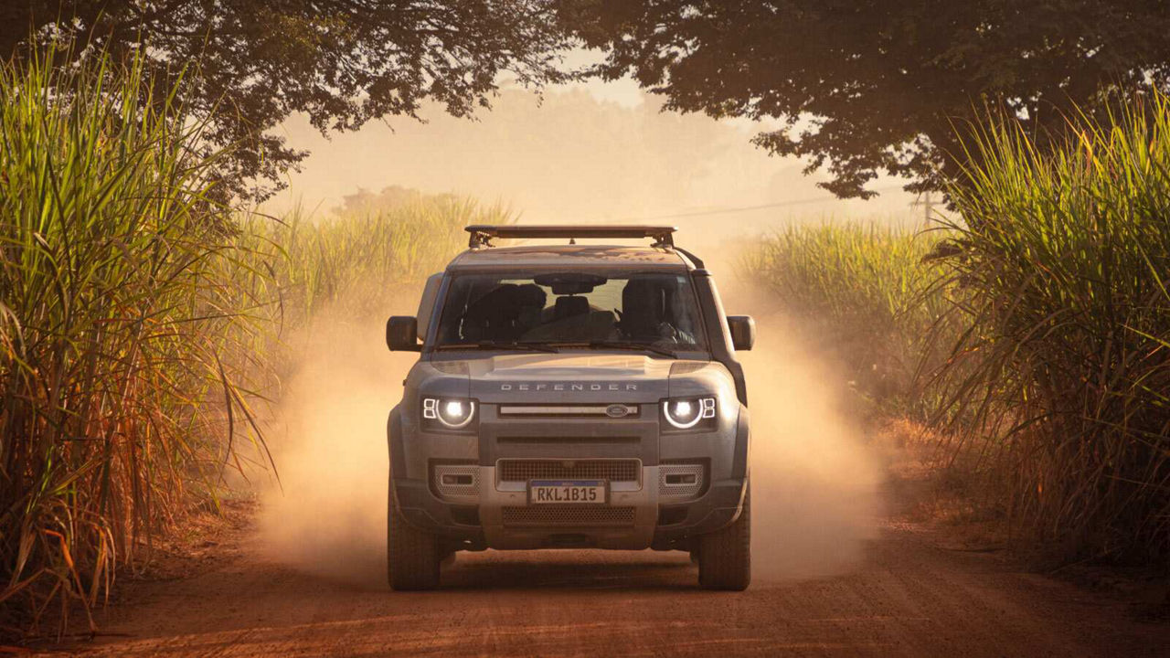 Defender driving towards camera