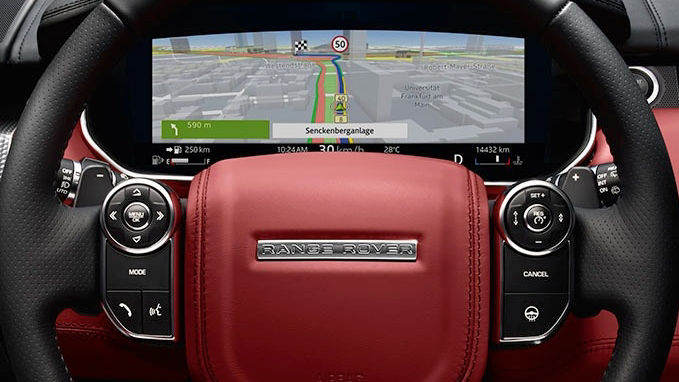 Close up of Range Rover steering wheel and Virtual Instrument Display