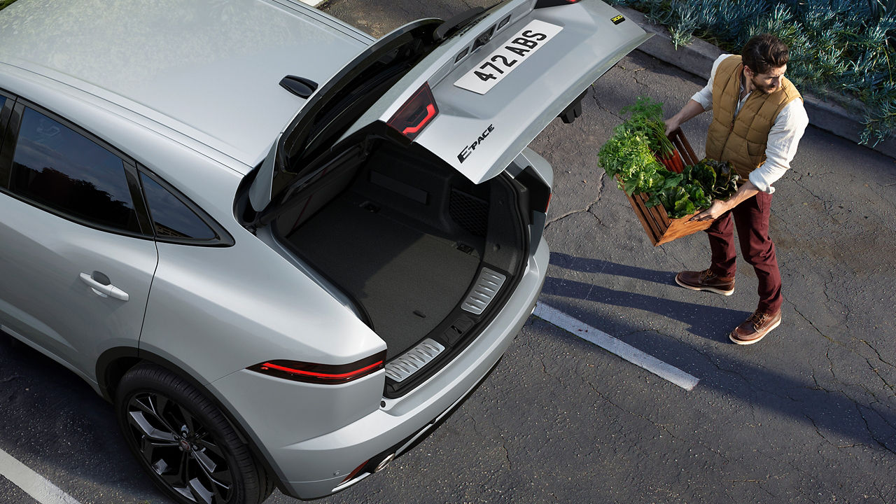 Person placing vegetables basket in Jaguar E-Pace