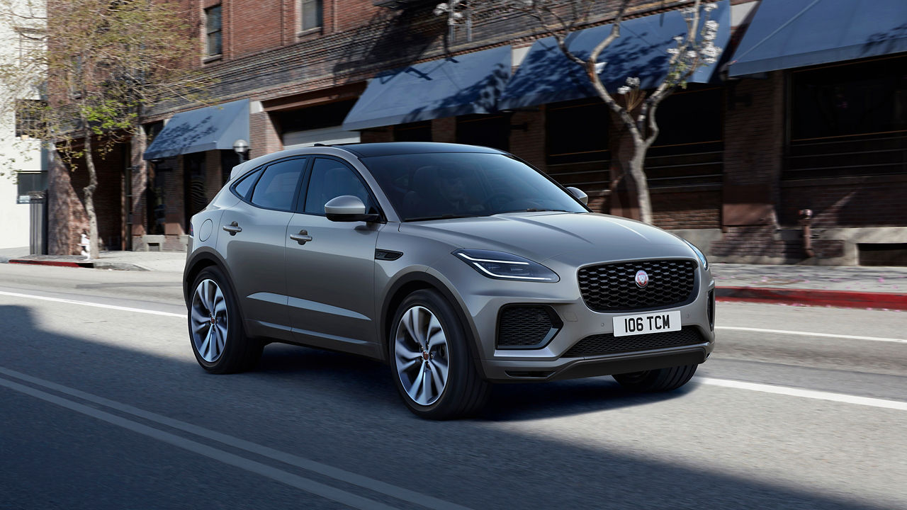 Jaguar E-PACE driving onto the city road