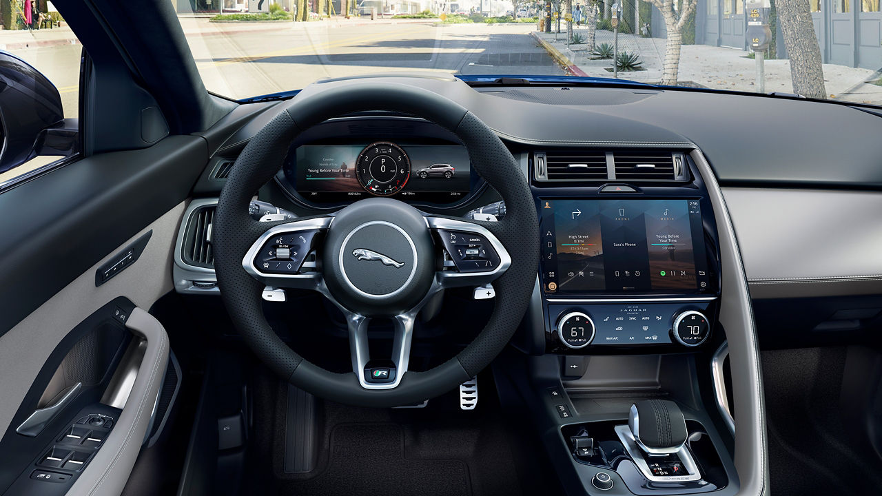 Jaguar E-PACE  Close View of Interior, Infotainment, Steering Wheel