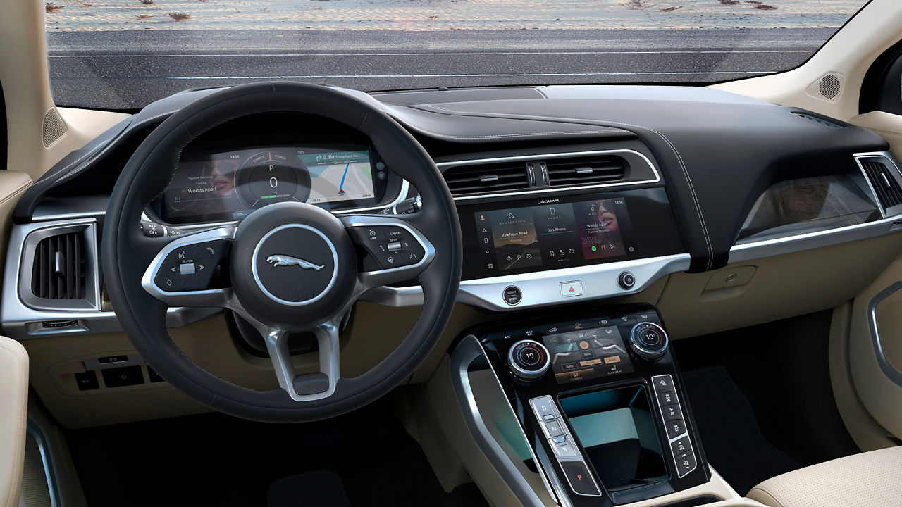 Jaguar I-PACE close view of Steering Wheel and Infotainment