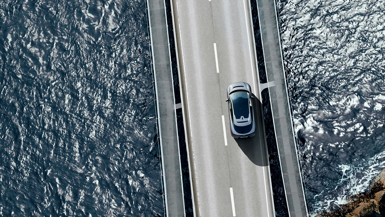 Jaguar I-Pace arial view on bridge 