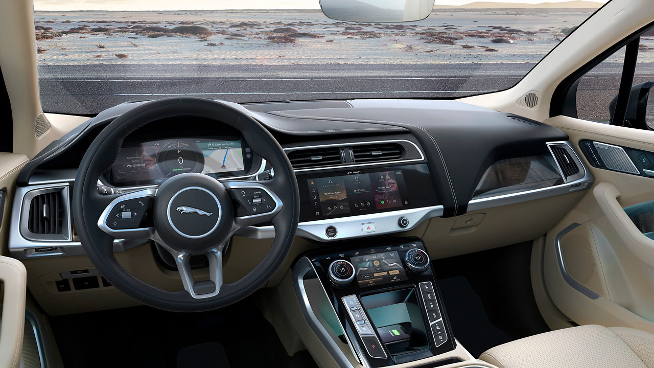 Jaguar I-PACE close view of Steering Wheel and Infotainment