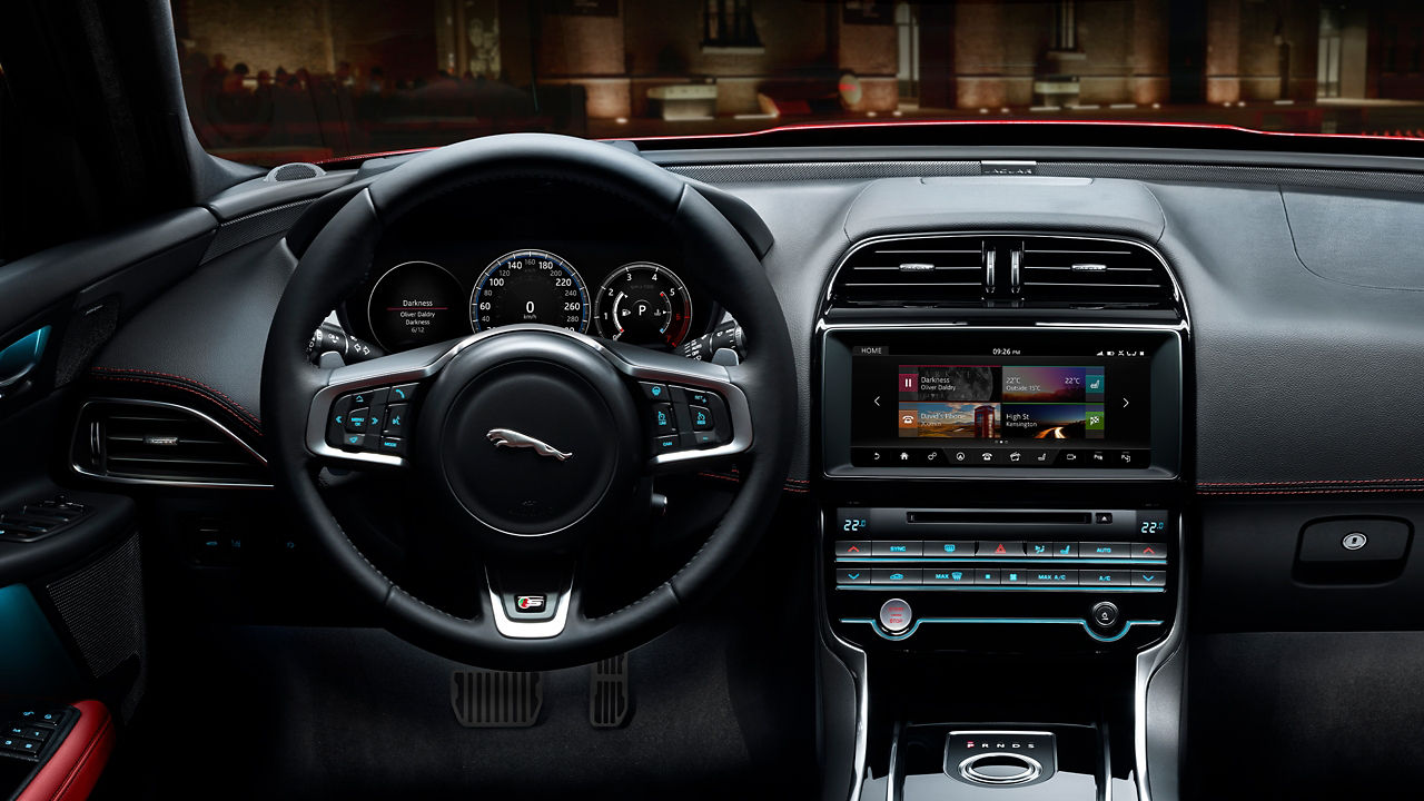 Close View of Jaguar XE Dashboard, Steering Wheel and Infotainment